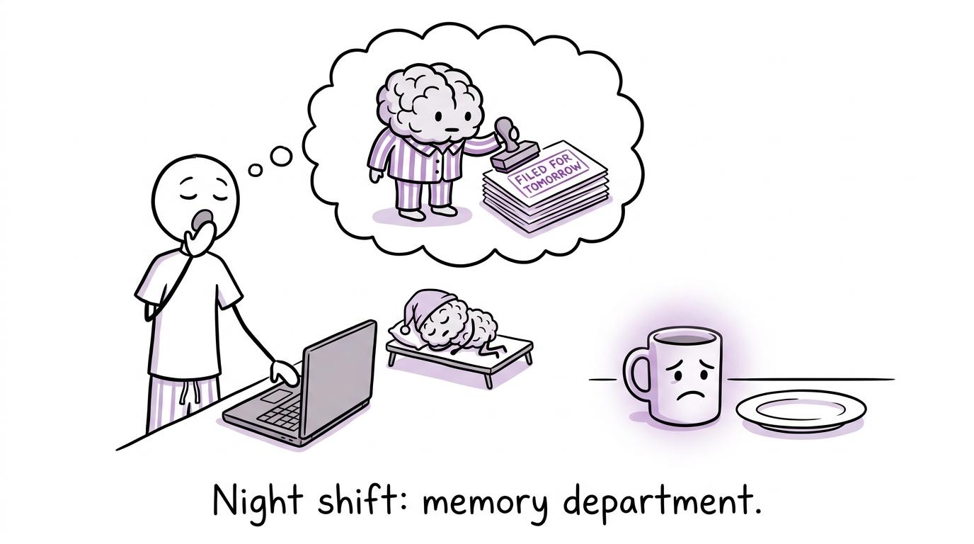 A cartoon brain filing revision memories during sleep