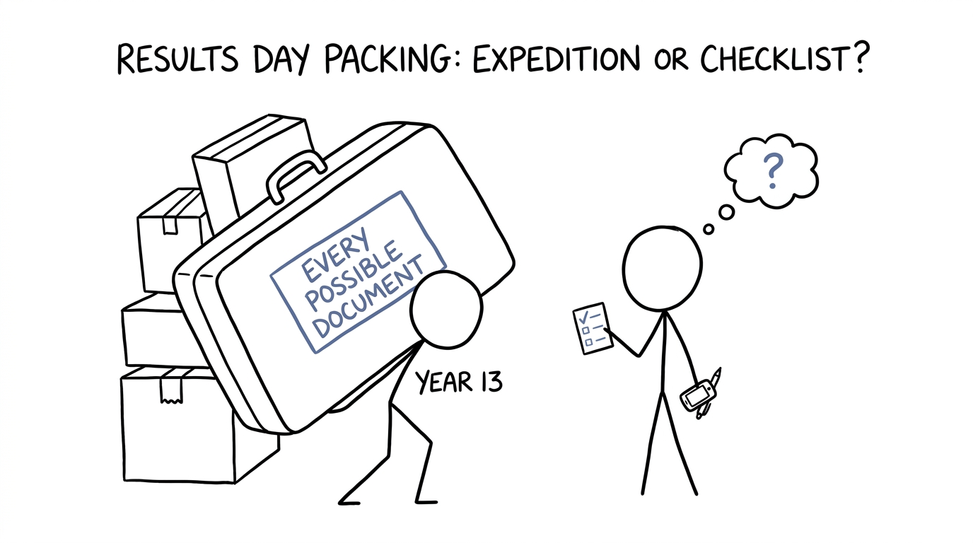 A student choosing between an enormous results day suitcase and a small practical checklist