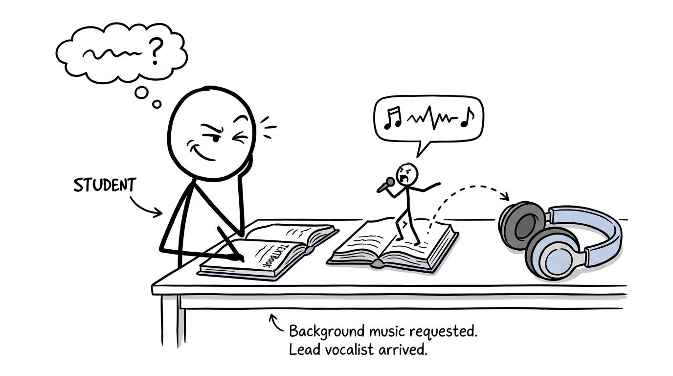 A student discovers that background music has brought its own lead vocalist