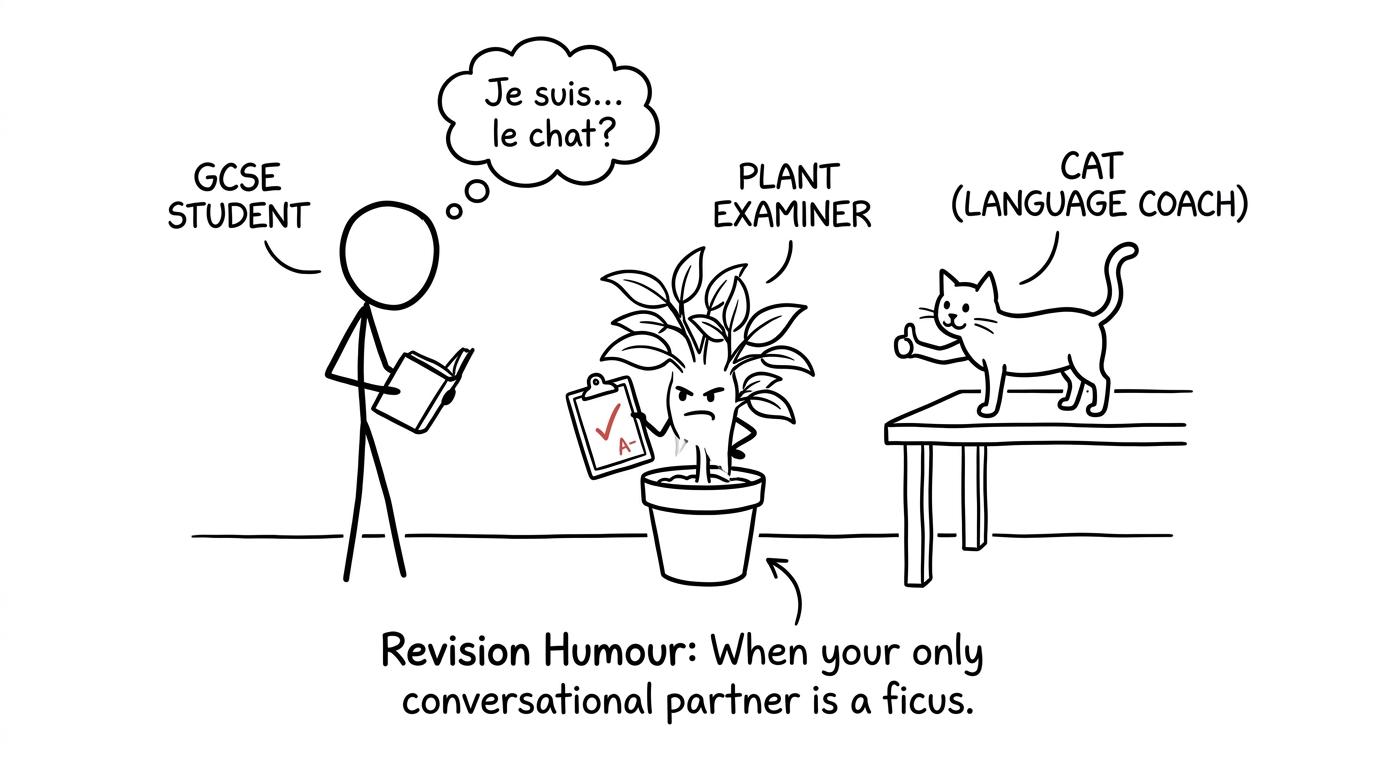 A student practises French with an unexpectedly strict botanical examiner