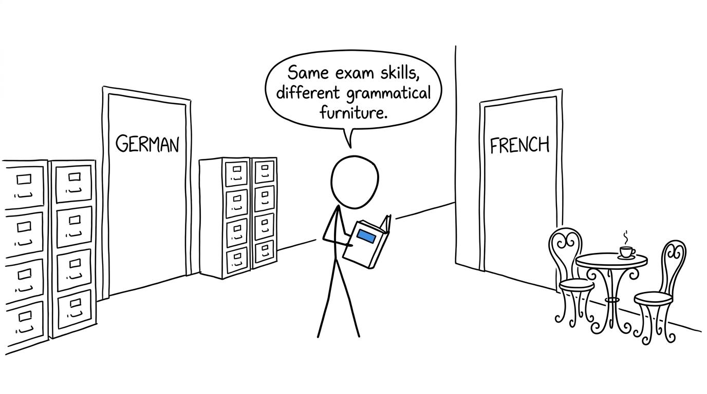 A student choosing between German and French doors while noticing that the exam skills match but the grammar does not