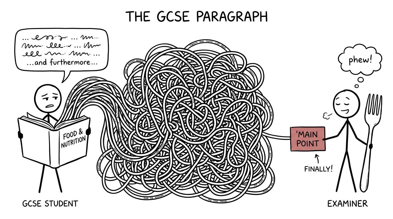 A tangled spaghetti sentence finally reveals its main point