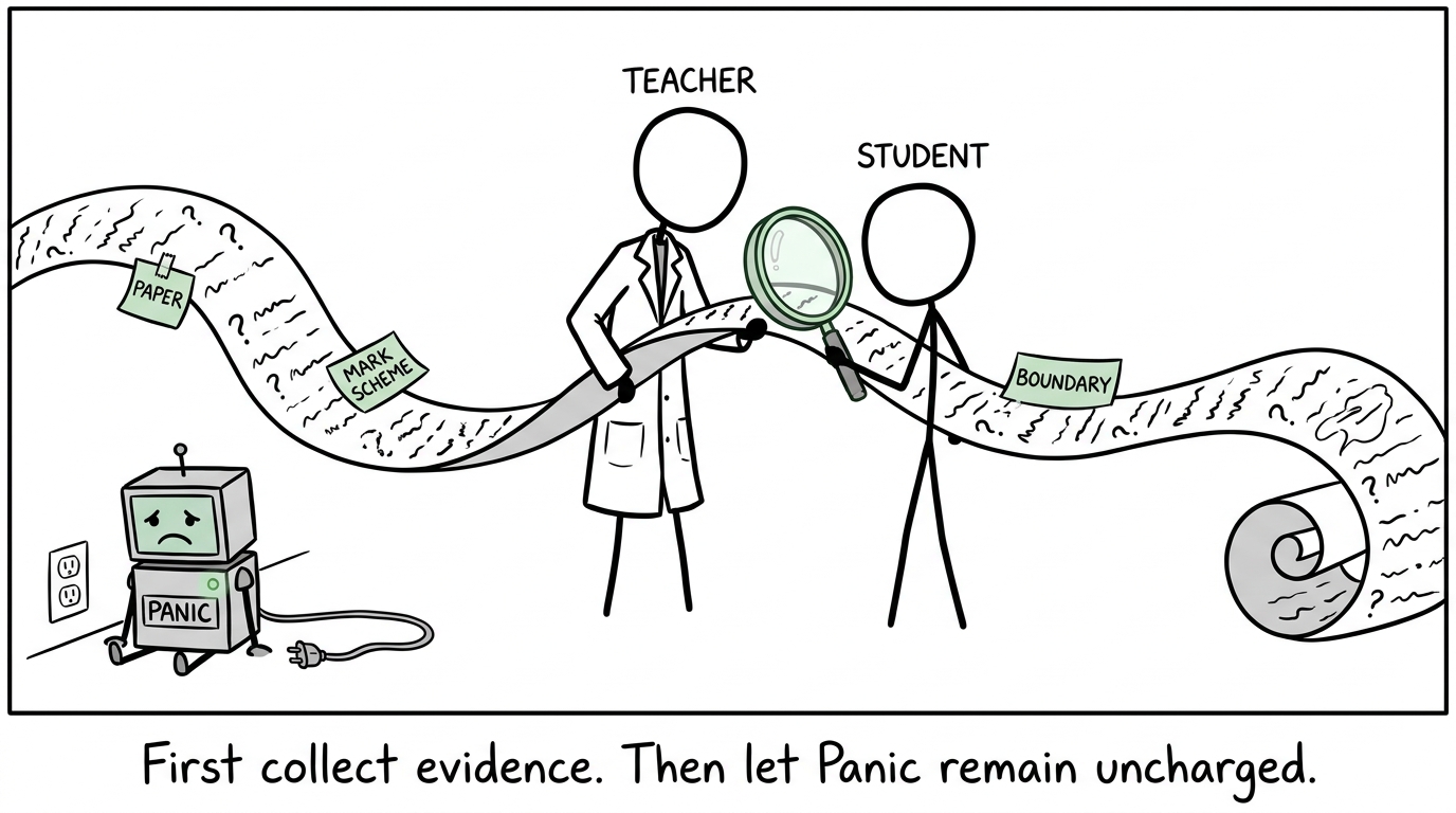 Student and teacher calmly inspecting an exam script while panic is unplugged