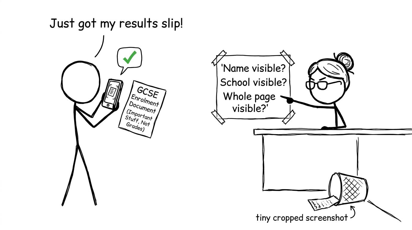 A very serious inspection of whether a results photograph shows the whole page