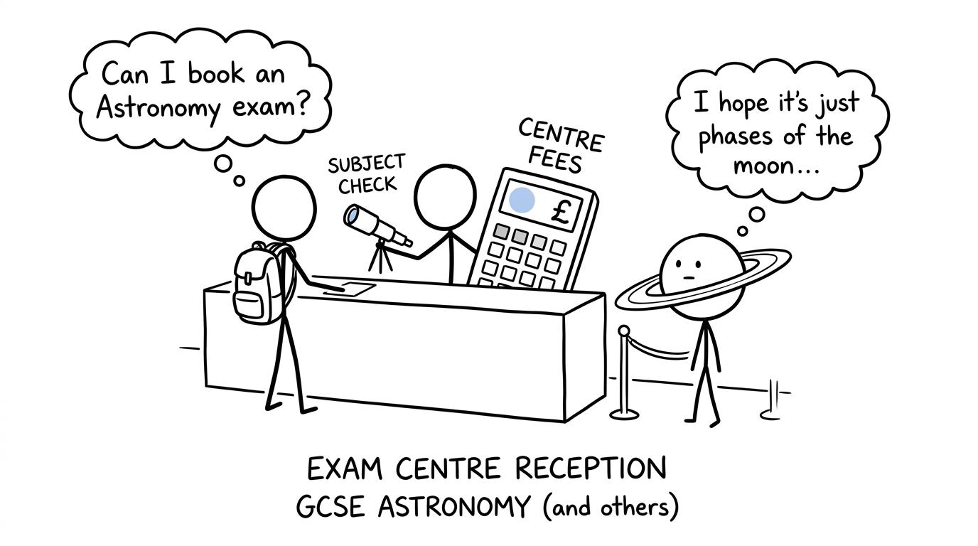 A student discovering that an astronomy exam booking involves both a telescope and a large centre-fee calculator