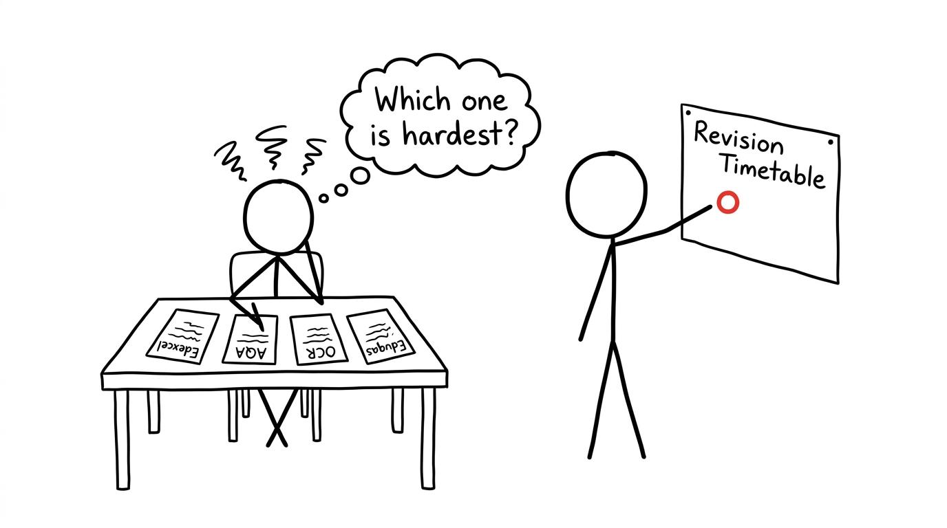 Stressed student comparing exam boards