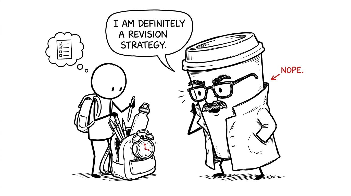 A suspicious giant coffee cup claims to be an exam revision strategy