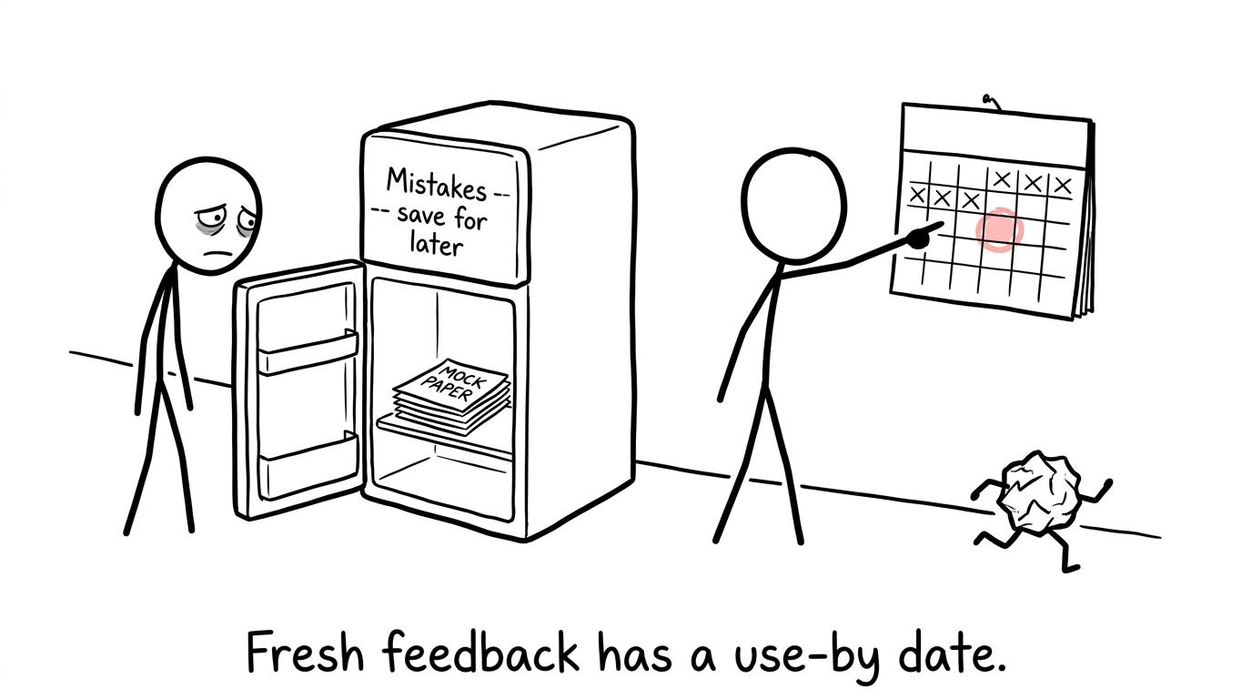 A student stores mock mistakes in a revision fridge while one escapes