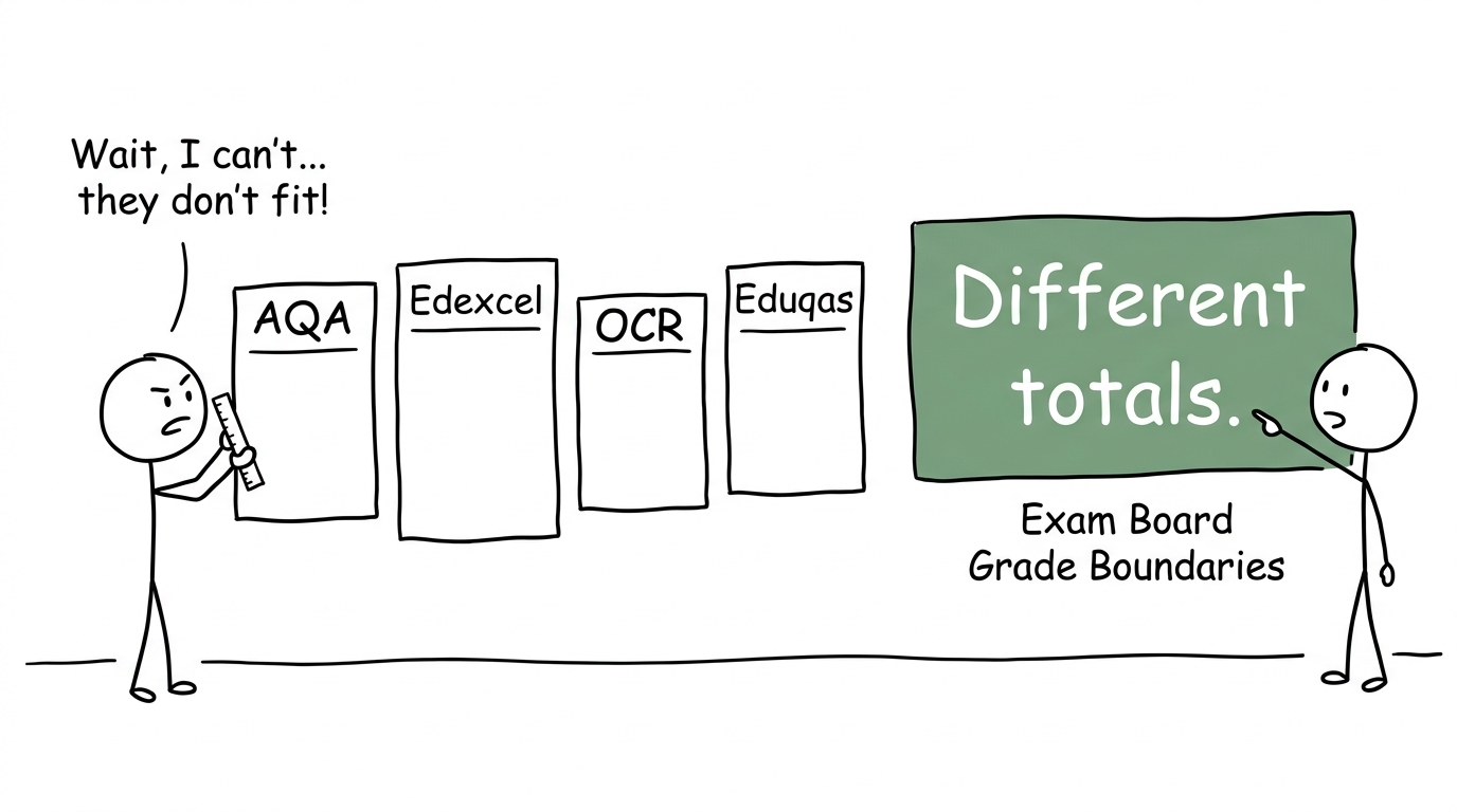 A student discovers that exam boards use differently sized scoreboards