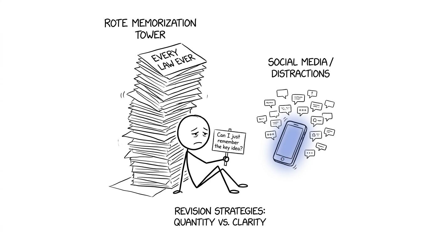 A GCSE student caught between an enormous paper flashcard tower and a phone full of notifications