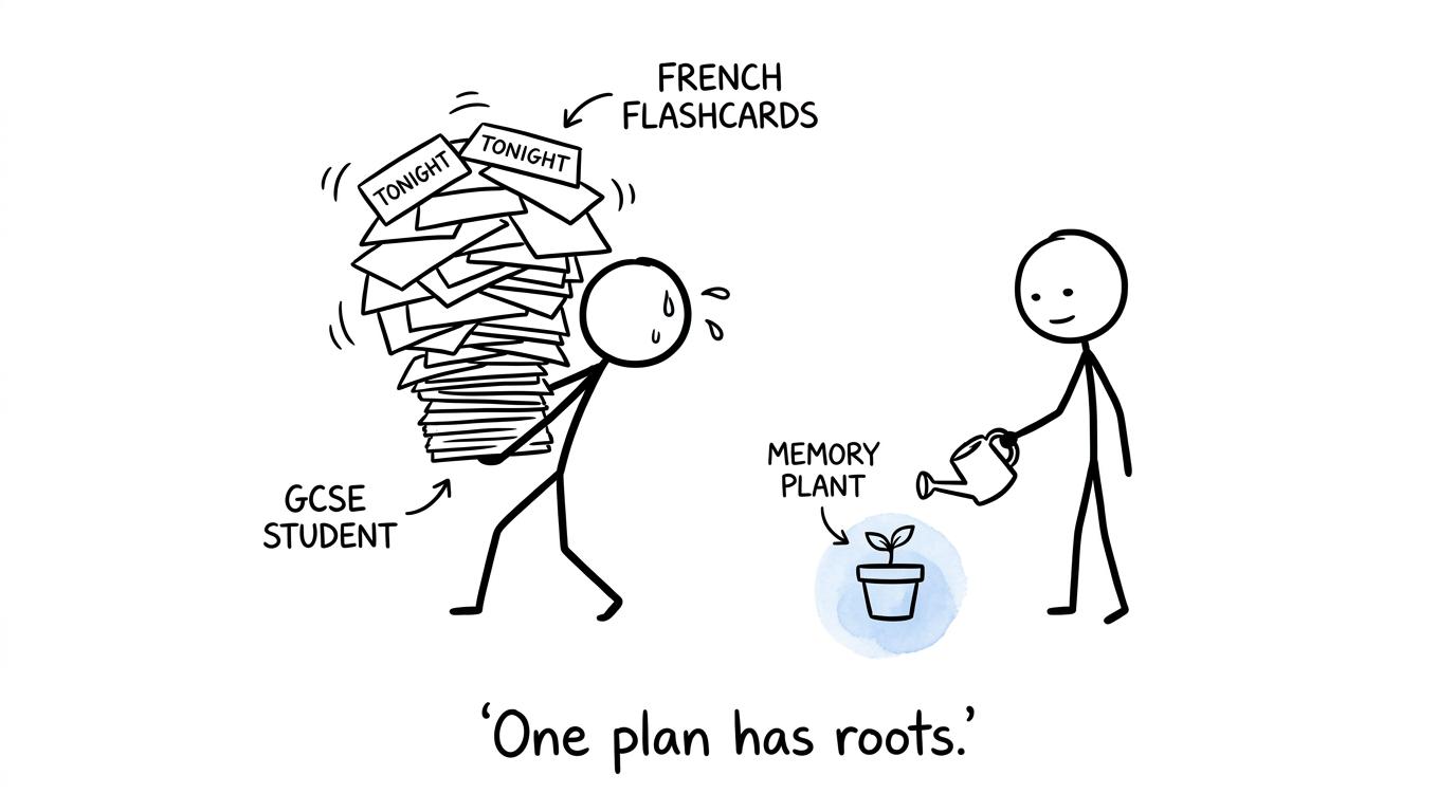 A student carries a tower of flashcards while another waters a memory plant