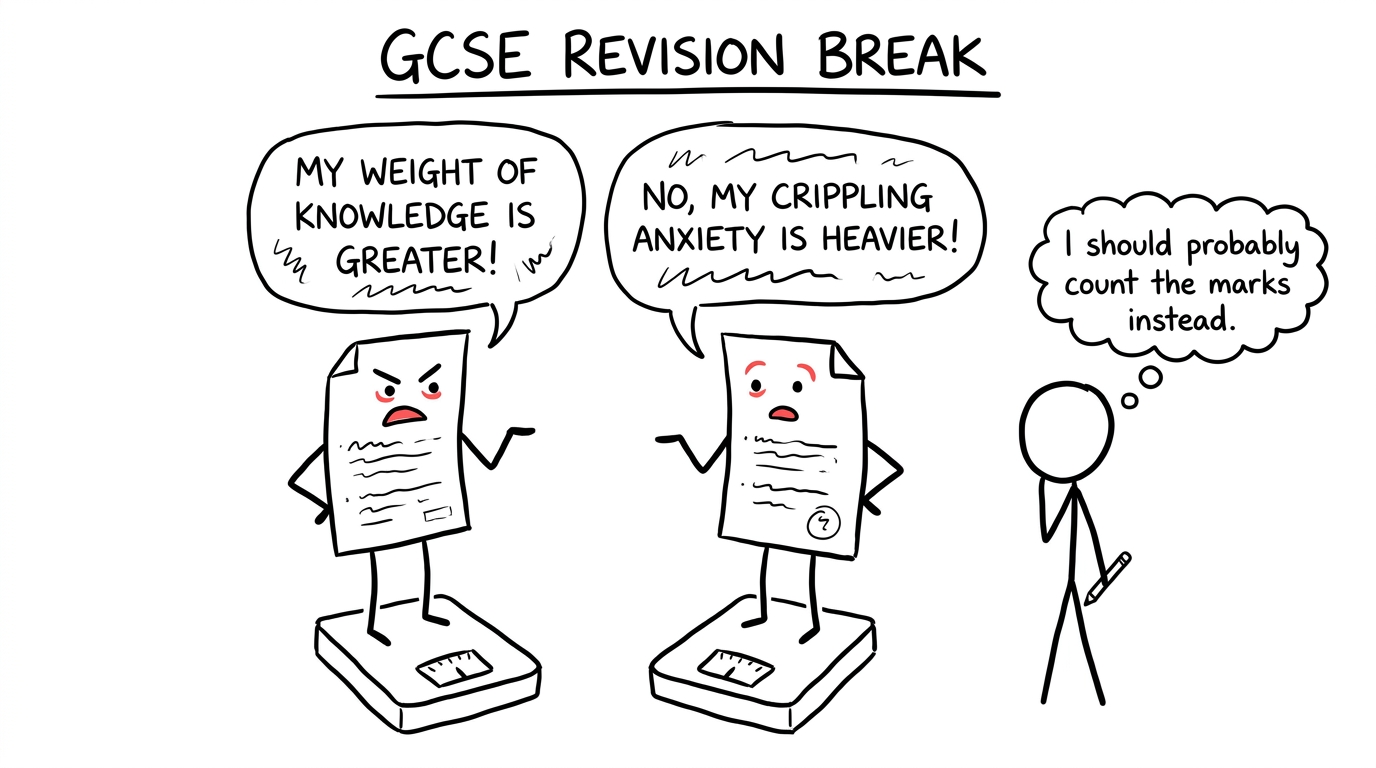 Two exam papers argue while standing on different scales
