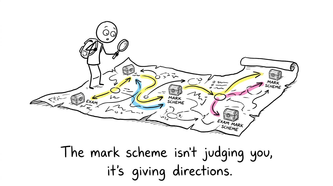 A student stares at a huge mark scheme like a treasure map