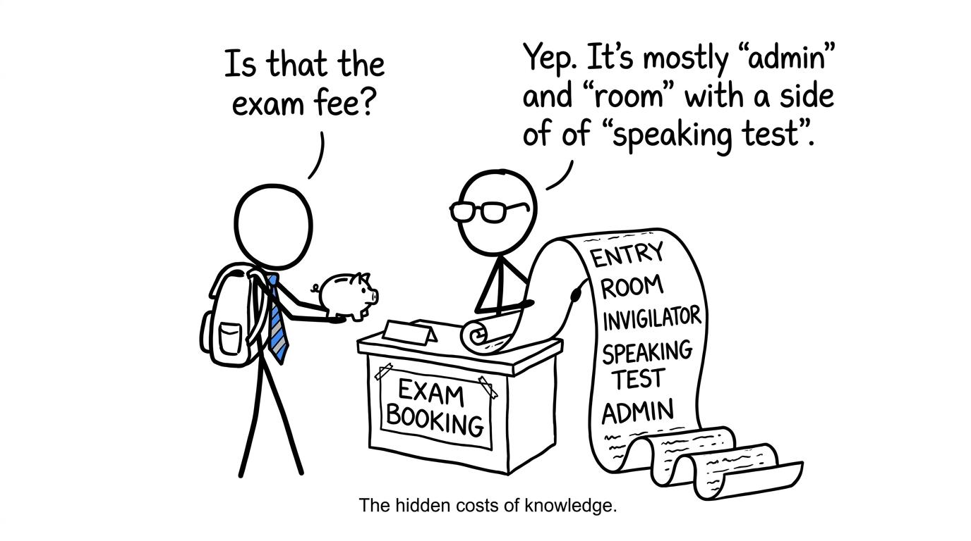 A private candidate discovers that an exam-centre receipt has several separate costs