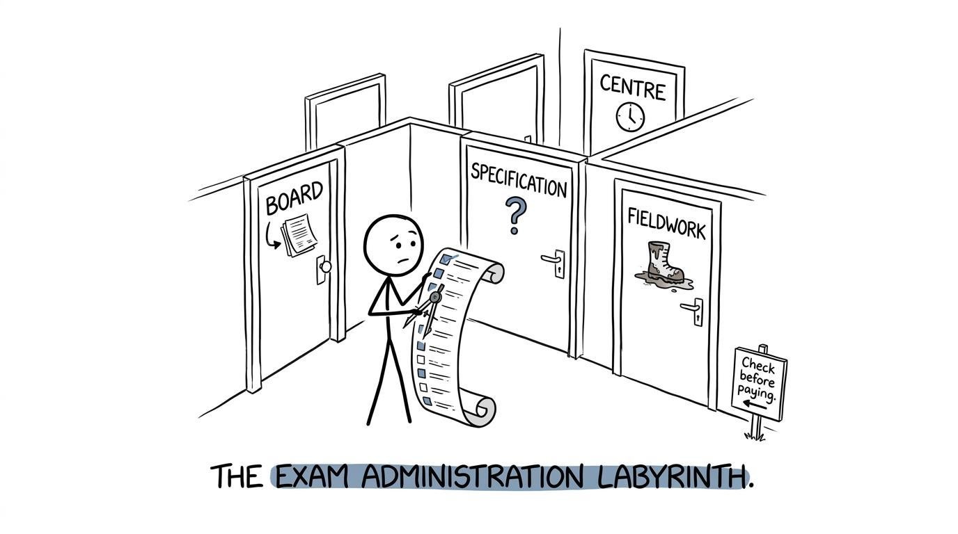 A student navigates doors marked board, specification, centre and fieldwork