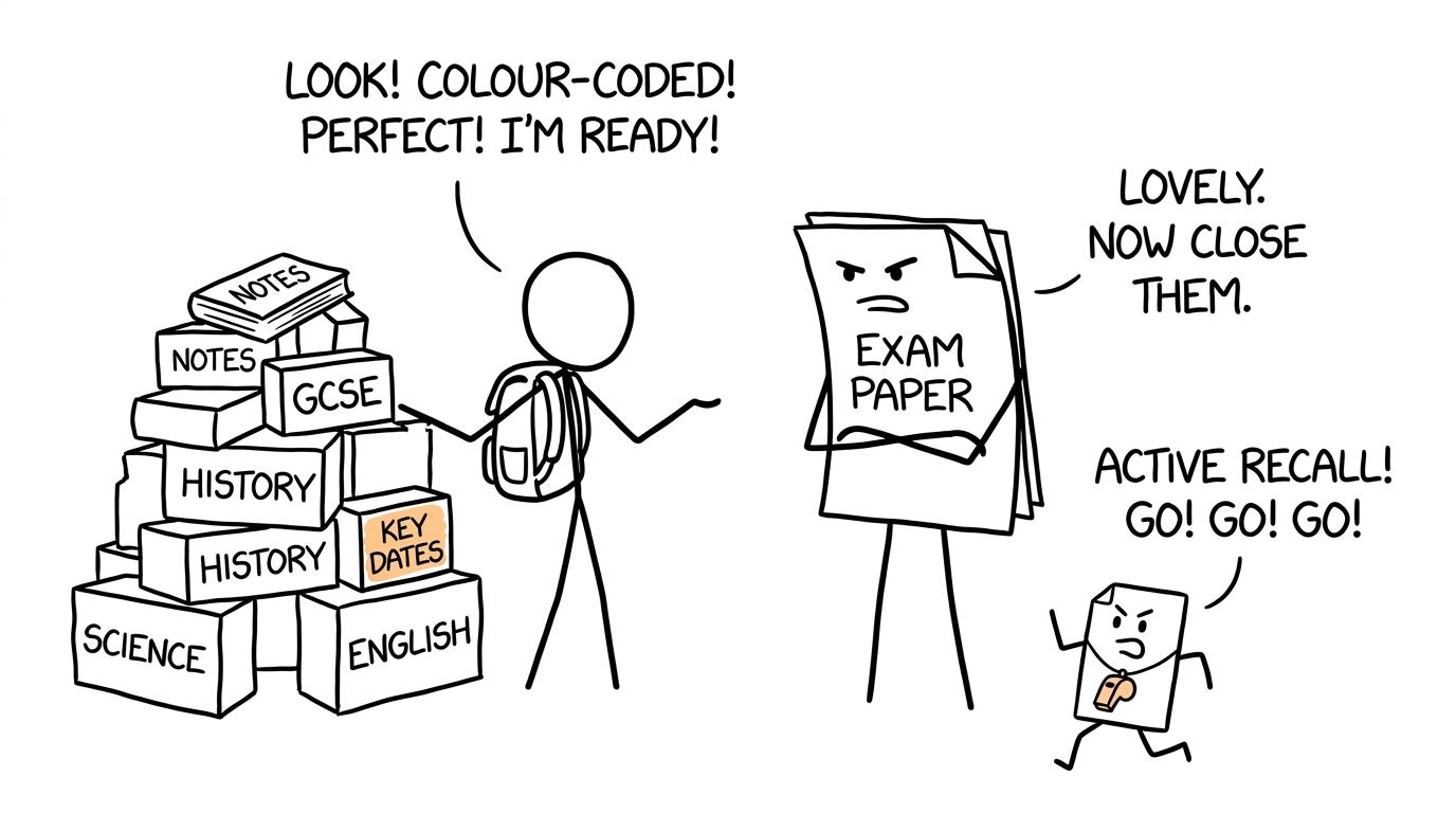 A perfectly colour-coded mountain of notes meets an exam paper asking the student to close them