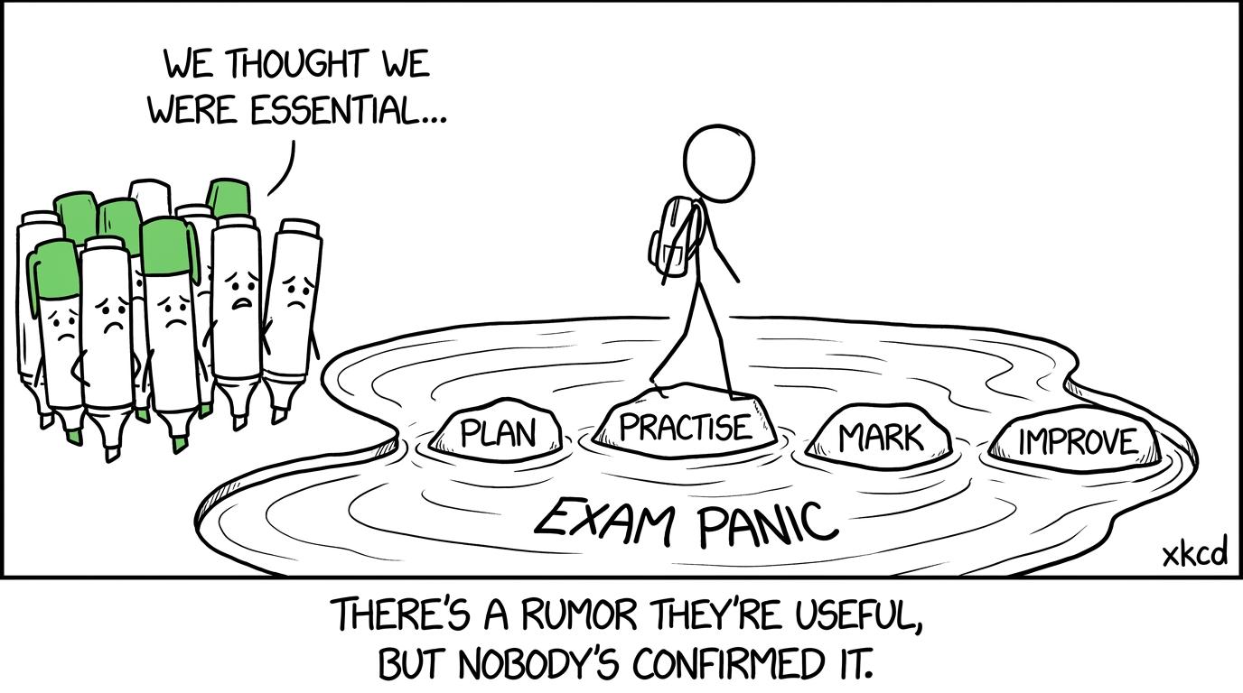 A student crosses from exam panic to improvement using plan, practise, mark and improve