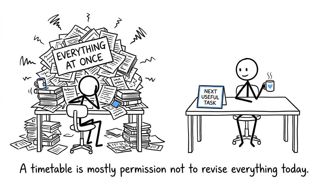 Two revision desks showing why one useful task beats everything at once