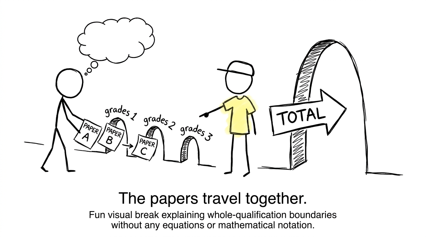 Three exam papers discover that they must travel together through the total-mark door