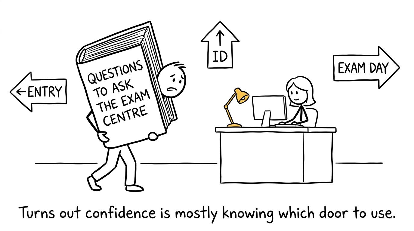 A private candidate arrives prepared with questions for the exam centre