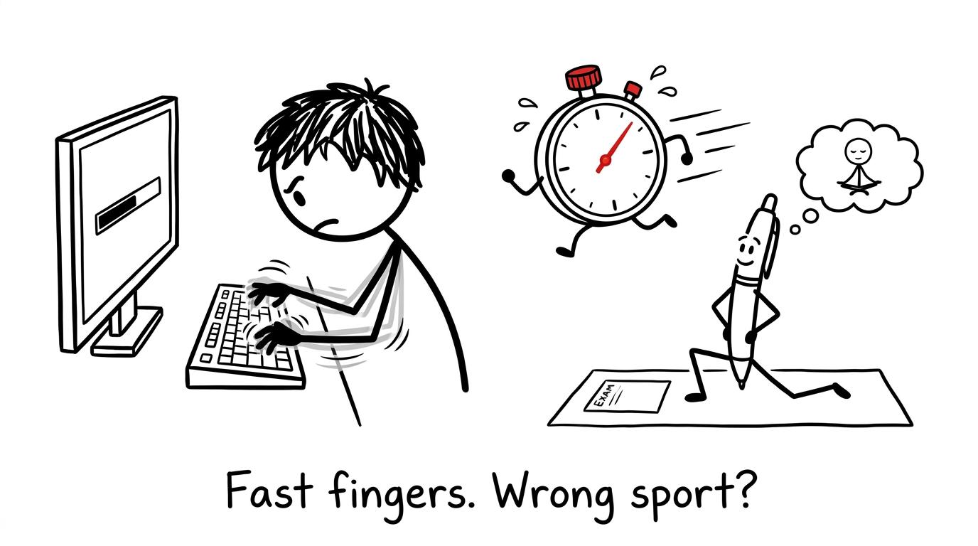 A keyboard races a stopwatch while a pen prepares for the real event