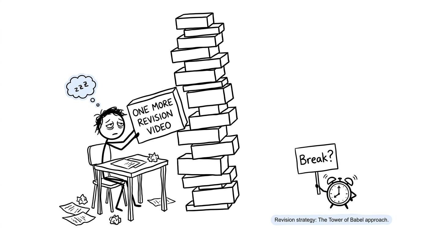 A tired student builds a tower of revision videos while an alarm clock suggests a break