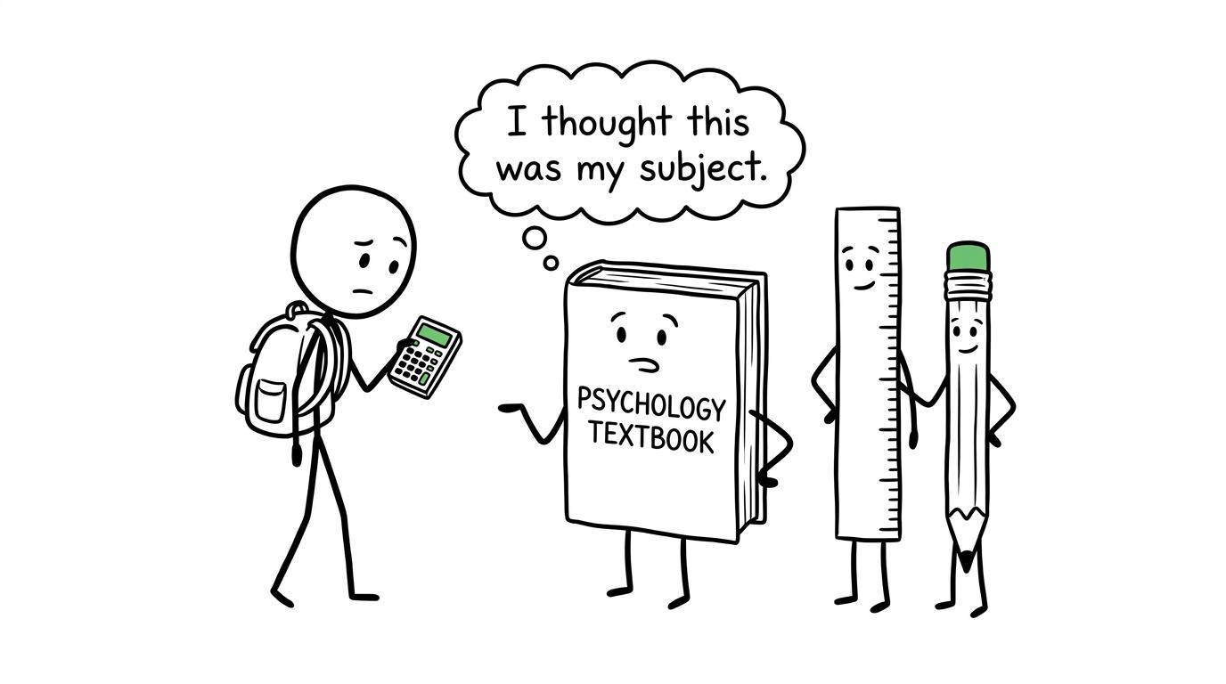 A psychology textbook is surprised to discover a calculator joining the revision session