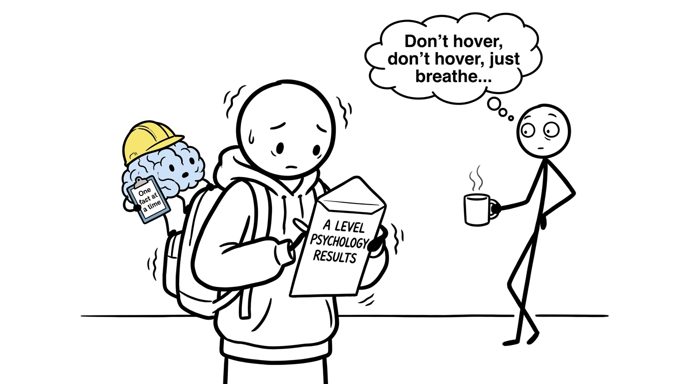 A student opens a results envelope while a tiny brain recommends taking one fact at a time