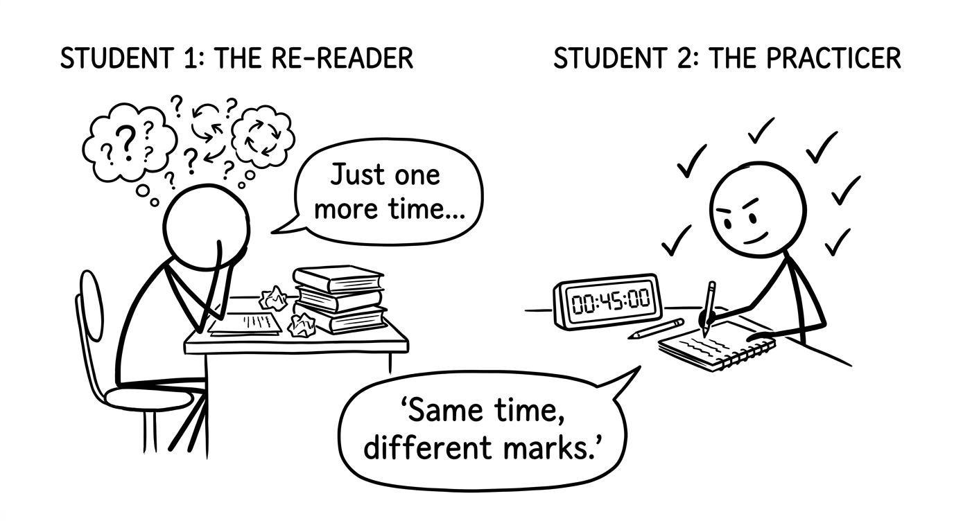 Two students: one rereading notes, one doing timed practice