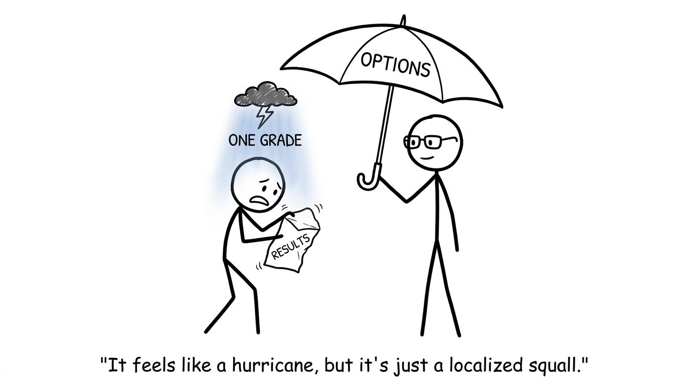 A student shelters from the storm cloud of one disappointing grade while a teacher holds an umbrella labelled options