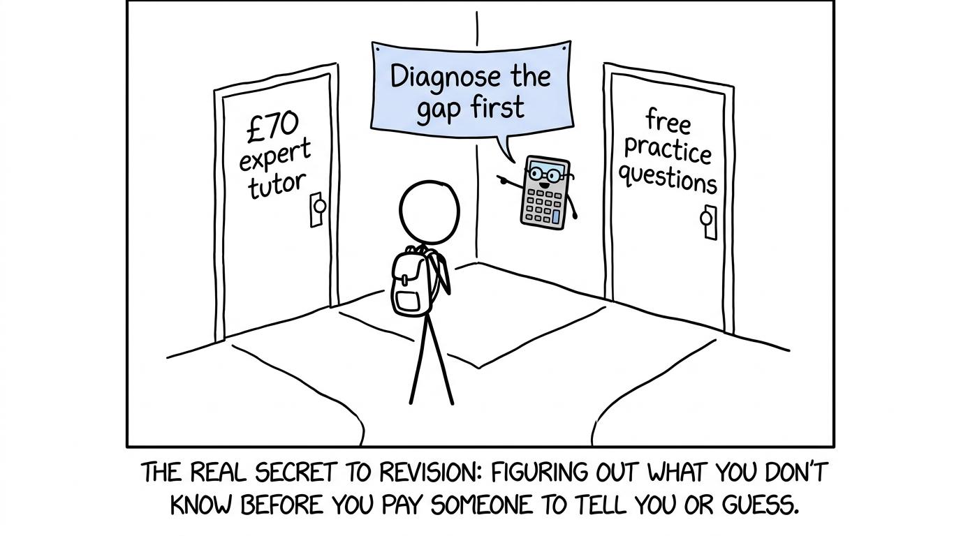 A student choosing between an expensive tutor and free practice while a calculator recommends diagnosing the gap first