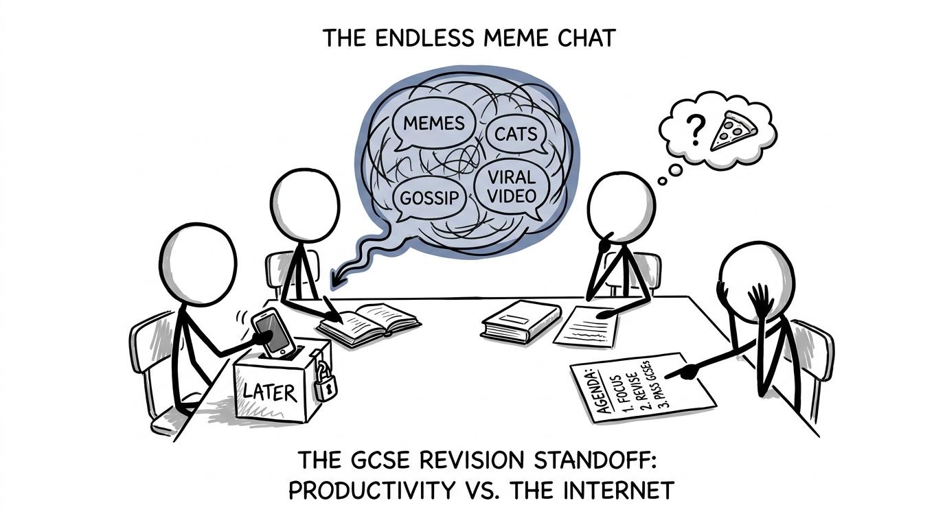 Students protecting a focused revision meeting from a distracting group chat