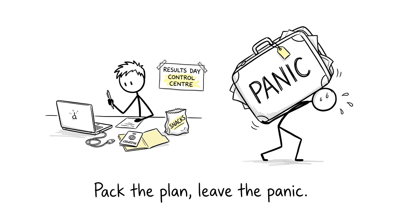 A student packs a calm results-day control centre while someone carries a suitcase labelled panic