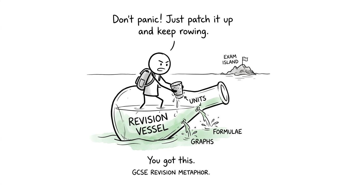 A student repairs leaks labelled units, graphs and formulae in a chemistry-shaped revision boat