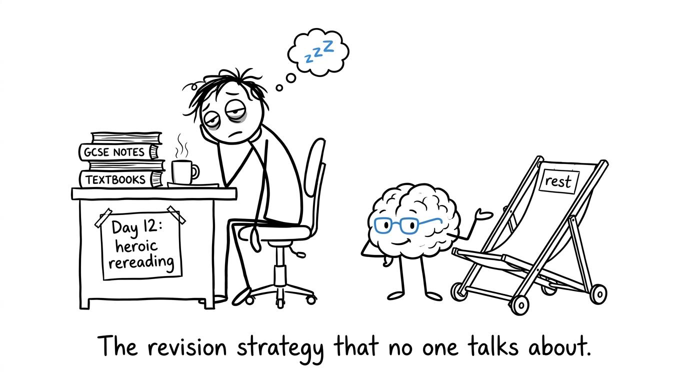 A tired student's brain quietly brings a deckchair into an excessive revision session