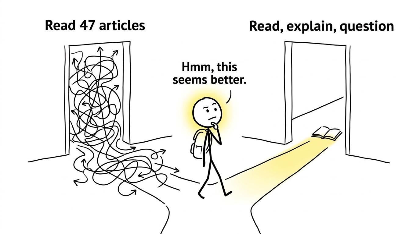 A student chooses a short read-explain-question path instead of a maze of articles