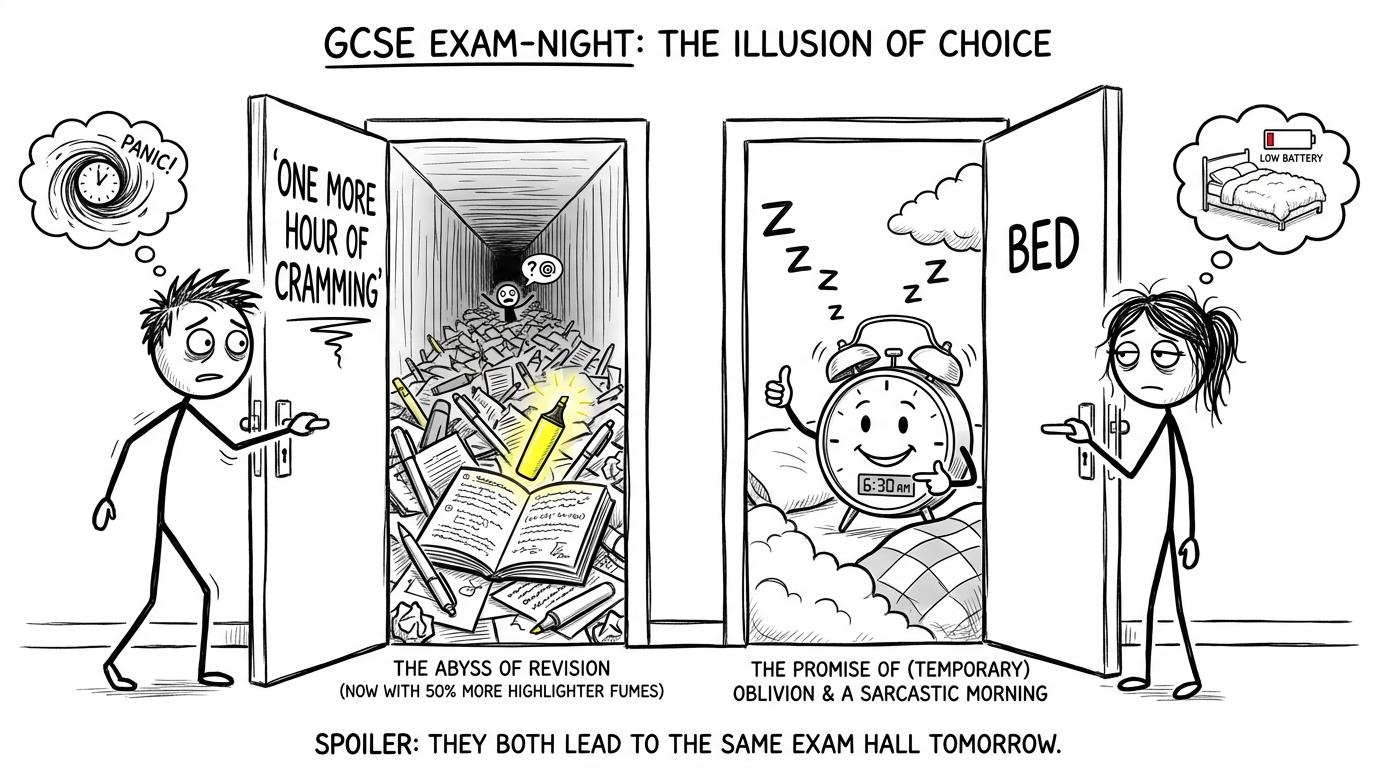 A student chooses between endless cramming and bedtime