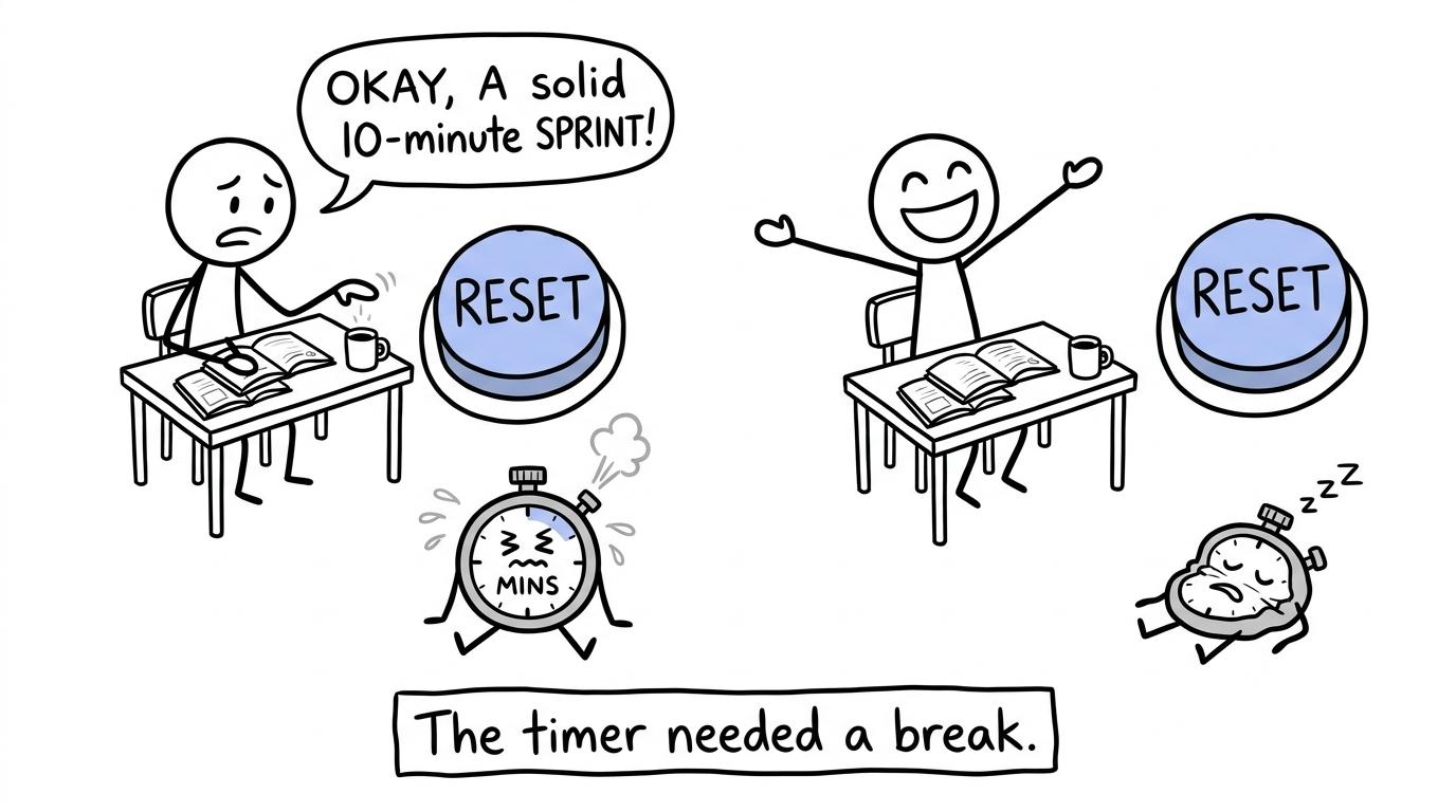 A GCSE student stretching after a short revision sprint while the timer looks exhausted