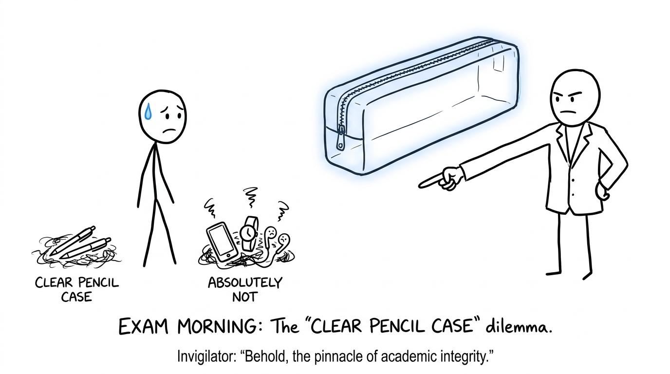 A student discovers that the transparent pencil case is the true exam-room celebrity