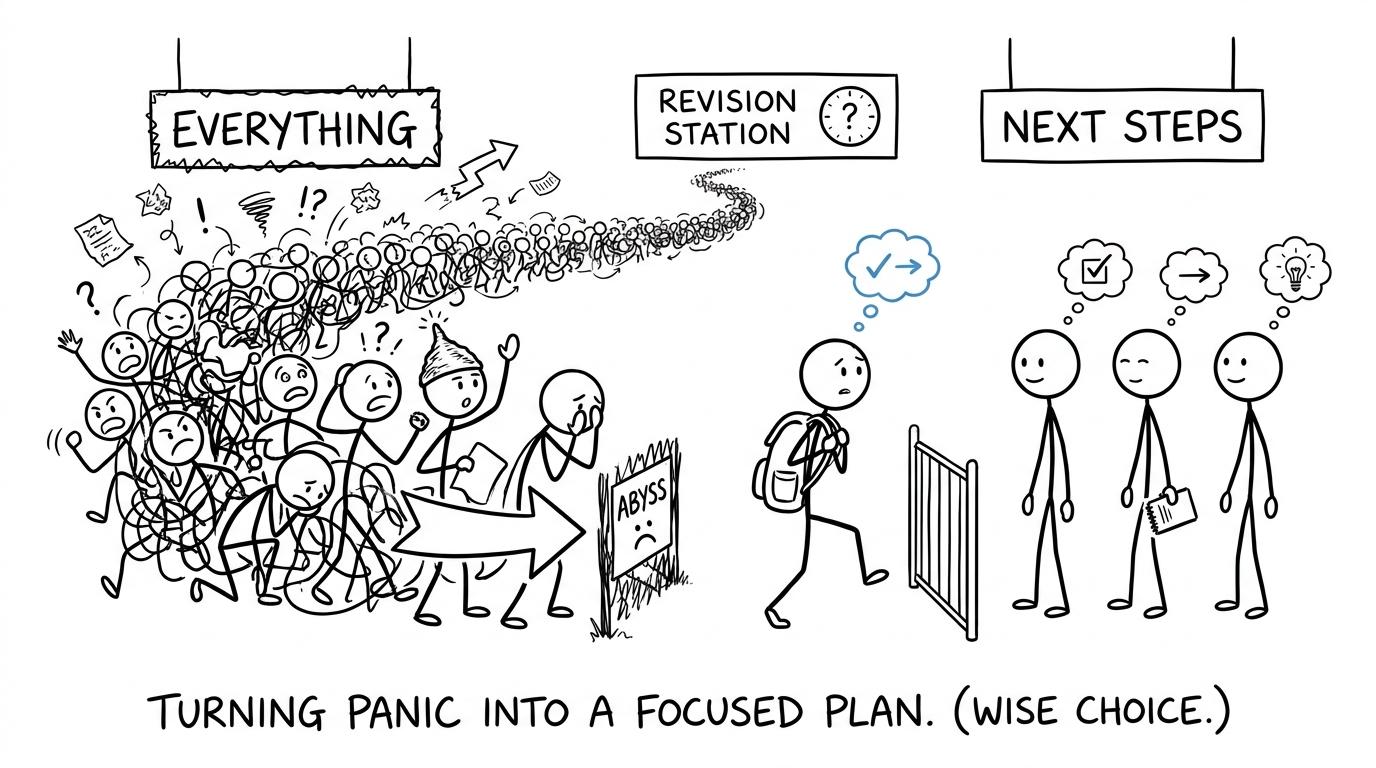 A student chooses the short queue labelled next steps instead of the chaotic everything queue