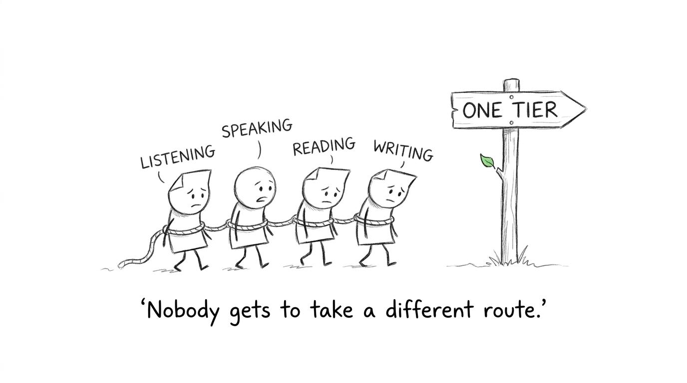 Listening, speaking, reading and writing taking the same tier route