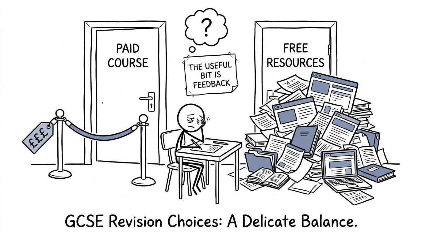A student choosing between a paid course and free revision resources