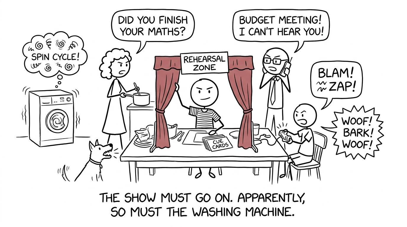 A student creates a rehearsal zone beside a noisy washing machine