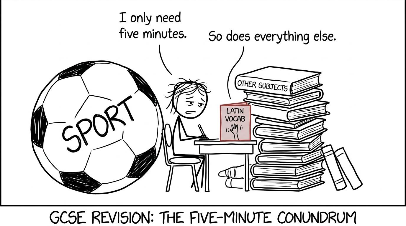 A GCSE student squeezed between sport, other subjects and a Latin vocabulary card