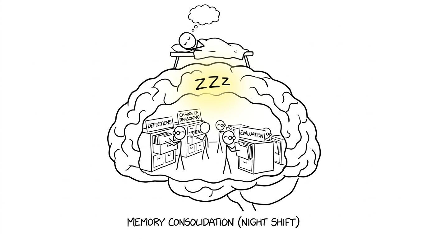 Tiny brain librarians filing Economics ideas while a student sleeps