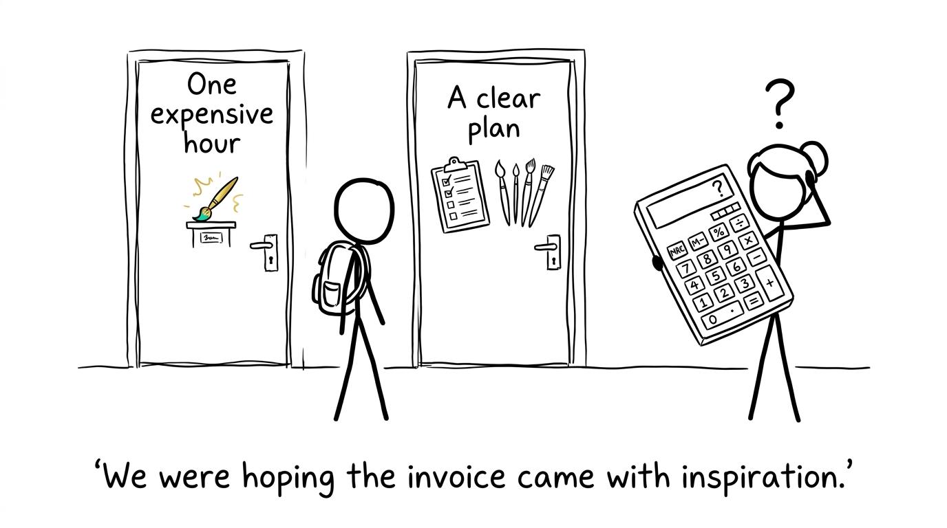 A parent calculates the value of one expensive art lesson while a student considers the value of a clear plan