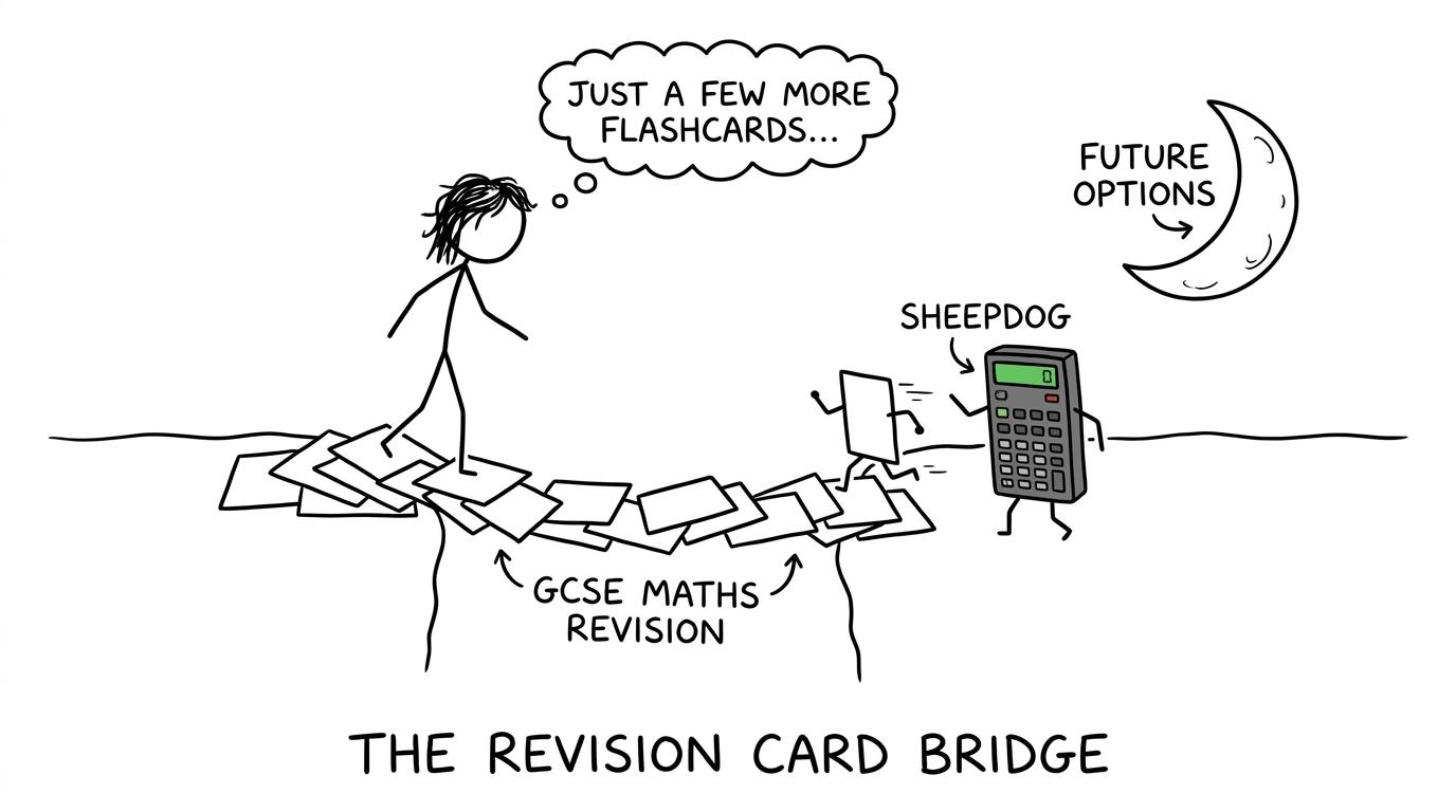 A calculator herds revision cards into a bridge towards future opportunities