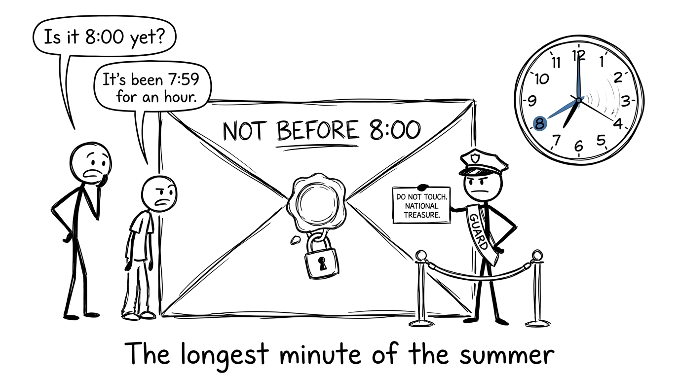An exams officer guarding an embargoed results envelope while time moves slowly