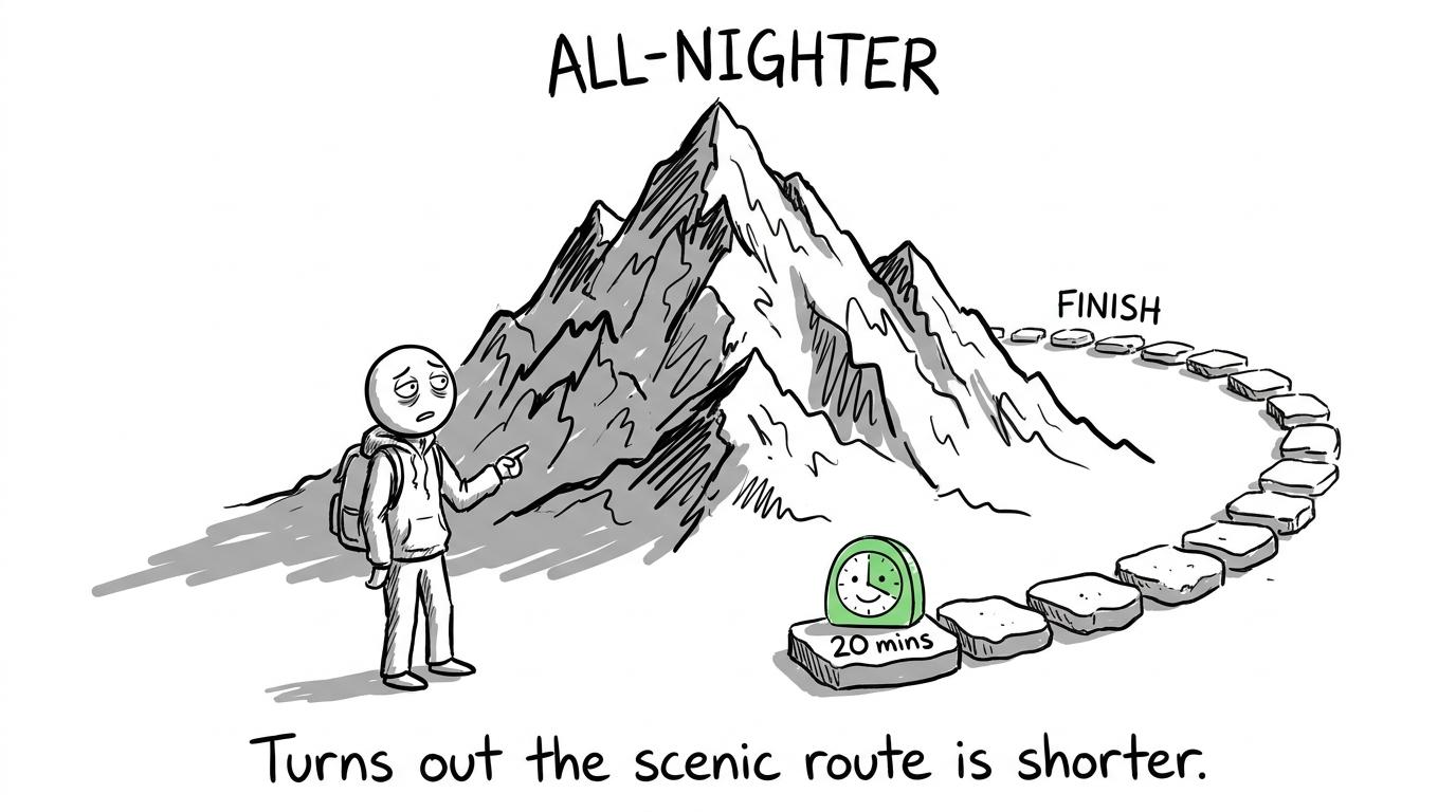 A student chooses the twenty-minute path around the all-nighter mountain