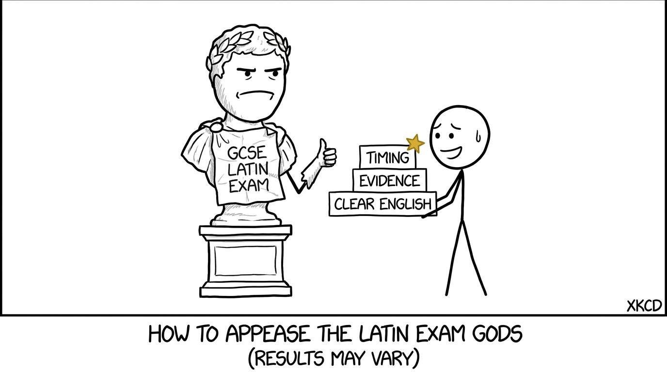 A Roman statue reluctantly approving a student's exam-technique toolkit